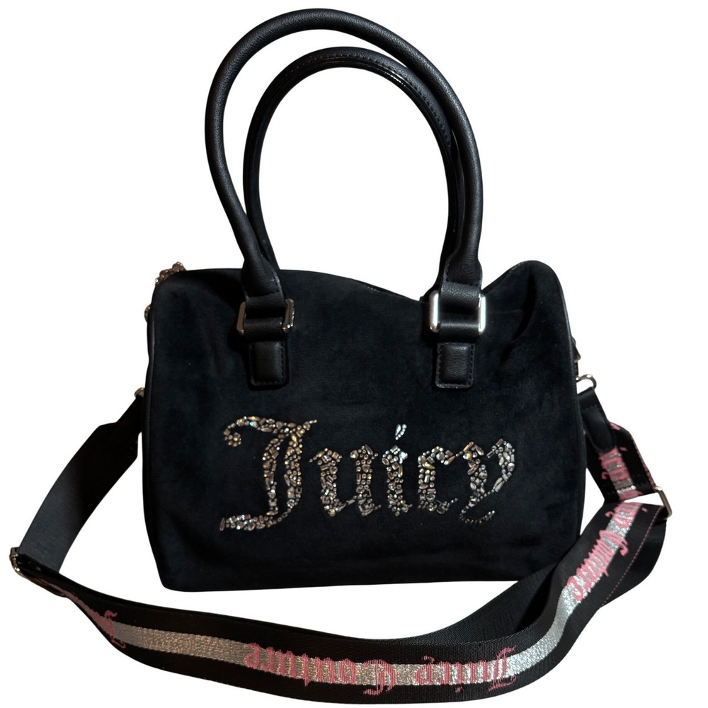 Juicy Couture Black Velour Rhinestone Y2K Crossbody Bag Logo Strap Bag Charm